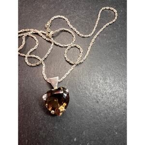 Vintage Smoky Quartz Heart Pendant Necklace Sterling Silver 20”